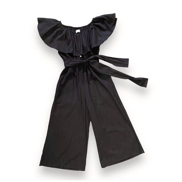 Faithfull The Brand Wide Leg Jumpsuit Sz US 4 Black Linen Ankle On Off Shoulder - Picture 1 of 15